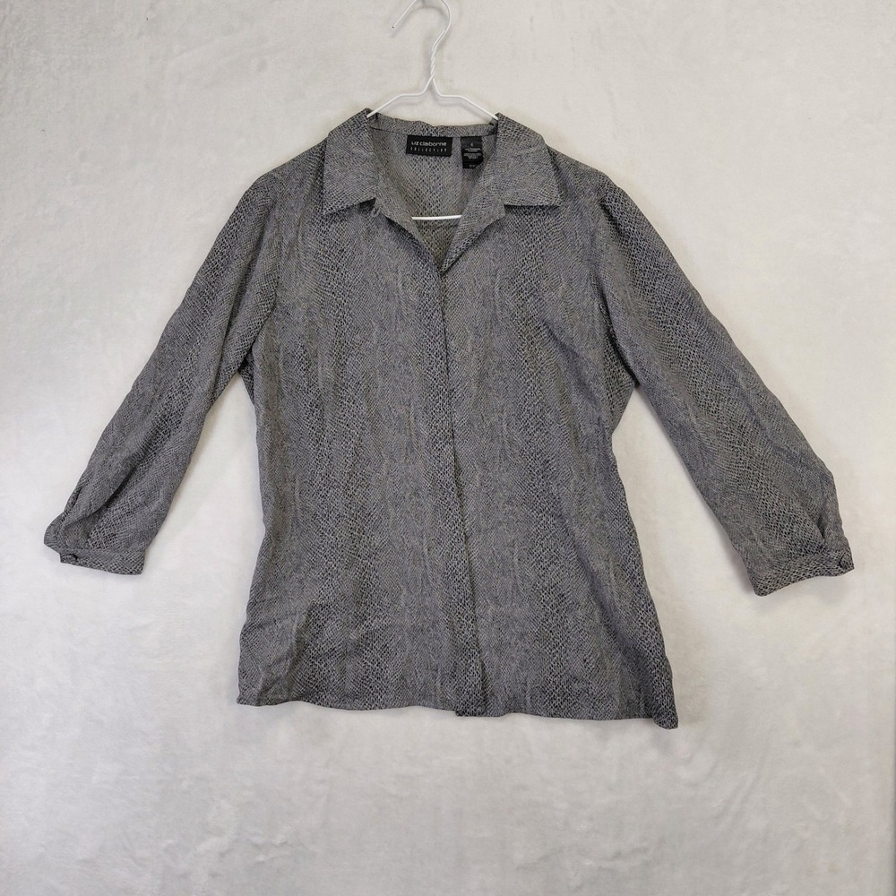 Liz Claiborne Collection Womens Grey Snakeskin Print Button Down Shirt Size 6